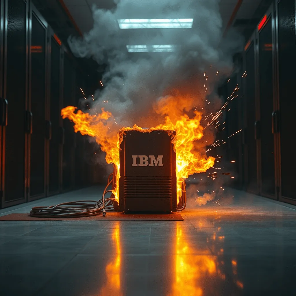 Serveur IBM en feu dans un centre de données
